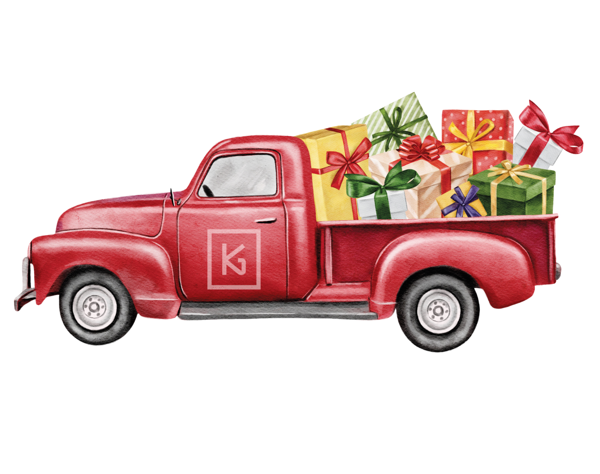 Zeichnung eies roten Pick-Up Trucks von der Seite mit Logo der Kunz Group auf der Türe und vollbepackt mit Geschenken auf der Ladefläche
