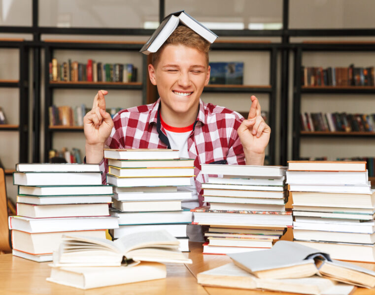 Das Bild zeigt einen erfreuten Studenten, der hinter Büchern mit einem Buche auf dem Kopf einen verschmitzt anlächelt.